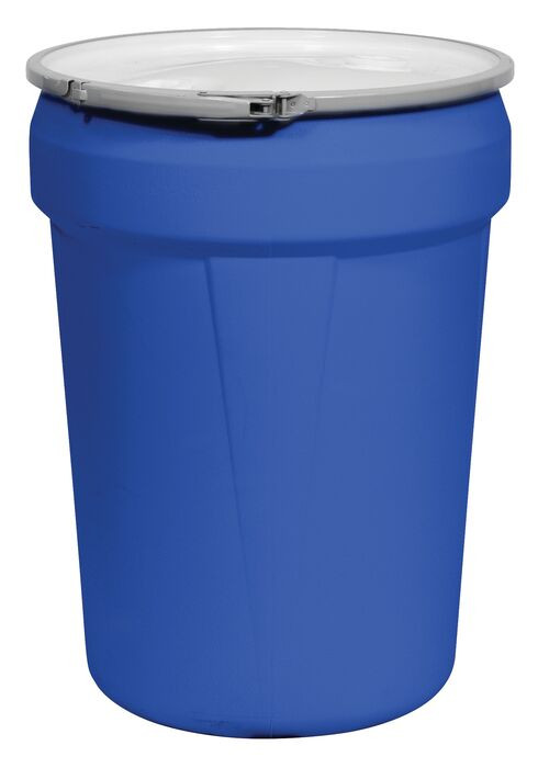 30 Gallon, Metal Lever-Lock, Lab Pack Open Head Plastic Barrel Drum with 2x2" Bung Holes, Blue - 1601MBBG2